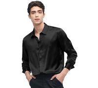 LilySilk Mens Silk Shirt 100% Mulberry Silk Classic Long Sleeves Basic Top with Button Closure for Formal Business Casual Everyday Wear(Black,L)