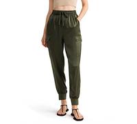 LilySilk Pure Safari Military Cargo Silk Pants Women Stretch Ribbed Cuffs with Side Pockats Casual Soft Relaxed Fit Trousers for Ladies 8, Safari Green