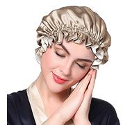 LILYSILK Pure Silk Lined Cap for Women Sleep, Double Layered, Adjustable Ribbons, Luxury Natural Silk Bonnet Cap for Sleeping Coffee+White