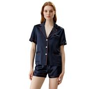 LilySilk Short Silk Pyjama Set for Women 100% Mulberry Silk 22 Momme 2 Piece Short Pants Sleepwear for Summer S, Navy Blue