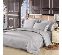 LilySilk Silk Bedding Sheets Set 4 Pcs 1 Silk Duvet Cover 1 Silk Fitted Sheet 2 Oxford Silk Pillowcases 100% 19 Momme Mulberry Silk Silvergray Double