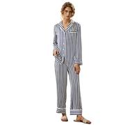 LilySilk The Amalfi Button-Up Full Length Striped Pyjama Set Women's 19 Momme 100% Pure Silk Sleepwear Set M, Blue-White-Pinstripes