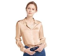LilySilk Women's Charmeuse Silk Long Sleeve Shirt 100% Pure 22 Momme Grade 6A Silk , M ,Light Camel
