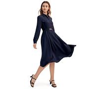 LilySilk Women's Long Sleeve Retro Graceful Silk Dress Vintage Shirt Dress Long Sleeves Midi Length Dress with Belt Formal A Line Dress for Spring Fall Navy Blue, L