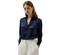 LilySilk Womens Pure Silk Shirt Ladies 22MM Undyed Natural Silk Blouses Girls Classic Basic Style Long Sleeve Shirt for Work Casual Daily Wear(Navy Blue,L)