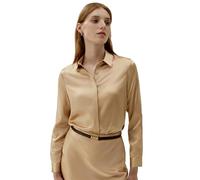 LilySilk Womens Pure Silk Shirt Ladies Button Down Classic Blouse Tops with Point Collar and Hidden Placket for Casual Business Multiple Occasions(Camel,XL)