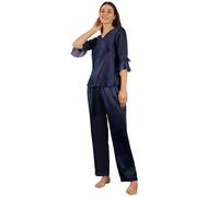 LilySilk Women's Silk Pyjamas Set Laced V Neck Long 22 Momme Pure Silk Navy Blue Size 12/M