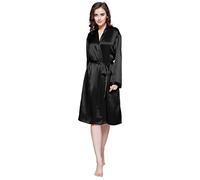 LilySilk Women's Silk Robe 22 Momme 100% Mulberry Silk Bathrobe Long Sleeves Belt Waist Tie V Neck Lightweight Midlength Pyjamas Ladies SleepwearL, Black