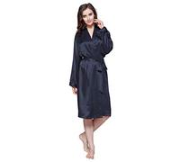 LilySilk Women's Silk Robe 22 Momme 100% Mulberry Silk Bathrobe Long Sleeves Belt Waist Tie V Neck Lightweight Midlength Pyjamas Ladies SleepwearM, Navy Blue