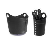 LIMAC Design INCAD Modern Leather Fireplace Companion Set, with wood holder leather bag, Fireplace Tools Sets 3 Pieces with Stand, Companion Stove Tools Set, Made in Italy. (Black)