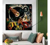 LIMAIDUO Black Woman Music Record Player Poster, Vintage Fashion Girl Wall Art, Retro Canvas Painting Print, Home Bar Decor 80x80cm frame