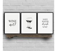 LIMAIDUO Funny Save Water Drink Wine Quote Canvas Art Black White Kitchen Wall Decor with Wine Glasses Poster(20x30cmx3/Internal Frame)