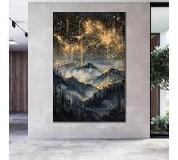 LIMAIDUO Gold Black Starry Night Mountain Landscape Painting Abstract Wall Art Canvas Poster Print Pine Forest Picture Decor 30x45cm Frameless