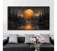 LIMAIDUO Golden Moon Tree Forest Lake Mountain Landscape Poster Canvas Painting Wall Art Pictures Home Bedroom Decor Prints 30x50cm Frameless