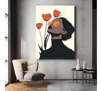 LIMAIDUO Modern Canvas Poster - Minimalist Wall Art Decor with Orange Tulips, Elegant Woman Portrait - Large Format Poste(50x70cm/Frameless)