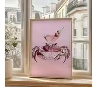 LIMAIDUO Retro Martini Crab Mural Prints, Pink Seafood-themed Canvas Paintings, Modern and Simple Room and Home Decor(40x60cm/Frameless)