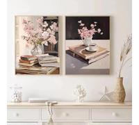 LIMAIDUO Retro Trendy 1950s Library Vintage Book Shelf Flower Poster Canvas Painting Wall Art Pictures Home Interior Decor 50x70cmx2 Frameless