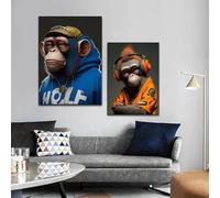 LIMAIDUO Smoking Music Gorilla Abstract Monkeys Animal Canvas Painting Modern Poster Print Wall Art Picture Home Decor 80x120cmx2 frame