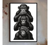 LIMAIDUO Three Wise Monkeys Wall Art, See No Evil Hear No Evil Speak No Evil Poster, Black and White Illustration, Printable Animal Decor(40x60cm/Internal Frame)