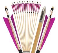limaity 32" Archery Wooden Arrows Traditional Hunting Arrows with 5" Natural Feather Wooden Arrows for Recurve Bow Longbow (12PCS,2 Magenta 1 White