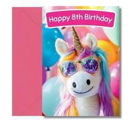 LimaLima 8th Birthday Card Girl - Unicorn Birthday Card for Daughter, Niece, Granddaughter - Cute 8 Year Old Girl Glitter Sunglasses Unicorn Design - Fun Kids