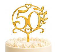 LIMAT KAROO 50 Cake Topper Gold - 1 Pc Acrylic Mirror 50th Birthday Decoration with Heart Leaf Accent, Elegant Number 50 Cake Topper for Women Men Anniversary, [5 x 3.5 Inch], 50