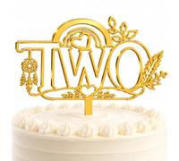 LIMAT KAROO Two Cake Topper Gold - 1 Pc Acrylic Mirror 2nd Birthday Decoration with Boho Flowers, Cute Second Birthday Cake Topper for Baby Girl, 4.3 x 5 Inch, Two Boho