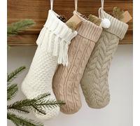 LimBridge Cable Knit Christmas Stockings, 3 Pack 18 inches Large Size Knitted Xmas Stockings, Rustic Farmhouse Personalized Stocking Decorations for Family Holiday Season Decor, White & Beige