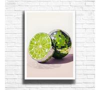 Lime Disco Ball Kitchen Wall Art Print - Funky Retro Food Poster, Cute Aesthetic Fruit Decor for Kitchen, Dining Room or Bar Cart (A3 Framed (White))