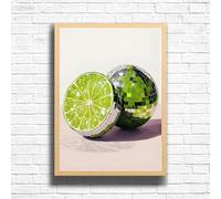 Lime Disco Ball Kitchen Wall Art Print - Funky Retro Food Poster, Cute Aesthetic Fruit Decor for Kitchen, Dining Room or Bar Cart (A3 Framed (Oak))