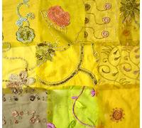 Lime Green Assorted Embellished Sari Fabric Remnants Scraps - 10 Pieces (Green)