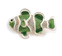 Lime Green Enamel Crystal Fish Brooch in Gold Tone - 50mm Across