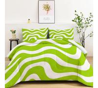 Lime Green Printed Coverless Duvet, Single Reversible Quilt Comforter - Washable and Hypoallergenic Minimalist Geometric Wave Modern Bedding Set for Children Teens and Adults, 135 x 200 cm