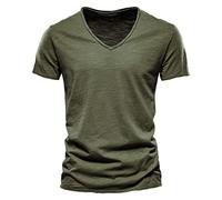 Lime Jumpsuit Men Mens Fashion Casual Solid Color Cotton V Neck Short Sleeve T Shirt Top Heavy Cotton Shirt (Army Green, L)