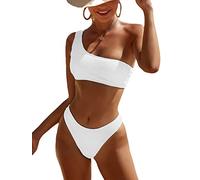 Limeeke Women One Shoulder Bikini Set Ribbed Textured Two Piece Swimsuit High Cut Cheeky Bathing Suit, White, Medium