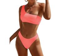 Limeeke Women One Shoulder Bikini Set Ribbed Textured Two Piece Swimsuit High Cut Cheeky Bathing Suit, Coral Pink, Medium