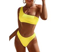 Limeeke Women One Shoulder Bikini Set Ribbed Textured Two Piece Swimsuit High Cut Cheeky Bathing Suit, Yellow, XL