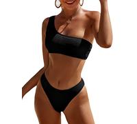 Limeeke Women One Shoulder Bikini Set Ribbed Textured Two Piece Swimsuit High Cut Cheeky Bathing Suit, Black, Medium