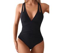 Limeeke Women's One Piece Swimsuits Tummy Control V Neck Bathing Suit Hollow Out Cross Tie Back Swimwear, Black, Medium