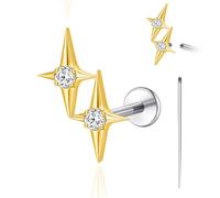 limerencia 18G Flat Back Earrings Stud Hypoallergenic Titanium Internal Thread Piercing Jewelry for Tragus/Helix/Cartilage/Conch/Medusa/Nose/Labret Stud Earring, 1PC(Golden,2 Cross CZ)