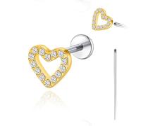 limerencia 18G Flat Back Earrings Stud Hypoallergenic Titanium Internal Thread Piercing Jewelry for Tragus/Helix/Cartilage/Conch/Medusa/Nose/Labret Stud Earring, 1PC(Golden,Heart)
