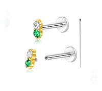 limerencia 18G Titanium Body Piercing Jewelry, 2PC Hypoallergenic Internally Threaded Flat Back Stud Earrings for Tragus/Nose/Helix/Conch/Lip/Labret/Cartilage Earrings for Women Men(Golden,2CZ)