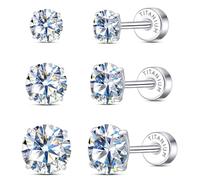 Limerencia Moissanite Stud Earrings, 3 Pairs Titanium Screw Back Earring, D Color VVS1 Clarity Lab-created Moissanite Earrings, Hypoallergenic G23 Pure Titanium for Women Men Sensitive Ears