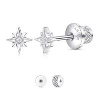 Limerencia Titanium Screw Back Earrings, Hypoallergenic F136 Implant Grade Flat Back Earrings for Women Men, Double Side Cubic Zirconia Sleeper Studs Jewelry(Silver, Star)