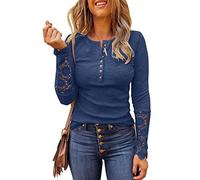 Limerose Women's Long Sleeve Lace Trim Tunic Tops Button Down Casual Blouse Cute Crew Neck Ribbed Shirt, Royal Blue, XXL