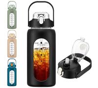 LIMILI 1 Pack 2000ml Glass Water Bottle with Handle and Straw, Leakproof Motivational Water Bottle with Silicone Sleeve and Time Marking for Gym Sports Outdoor