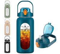 LIMILI 1 Pack 2000ml Glass Water Bottle with Handle and Straw, Leakproof Motivational Water Bottle with Silicone Sleeve and Time Marking for Gym Sports Outdoor