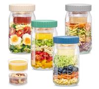 LIMILI 4Pcs 32OZ/1000ML Salad Jars with Lids, Glass Container with 2 Built-In Compartments for Dry-Wet Separation, Leak-Proof Glass Breakfast Pots for Yogurt Cereal Fruit Salad, Meal Prep for Lunch