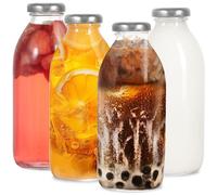LIMILI 4PCS 500ml/16Oz Glass Milk Bottles with Lids, Clear Reusable Bottle for Dairy, Drinks, Home Preserve (SILVER)