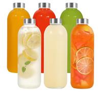 LIMILI Glass Bottles with Lids, Water Bottles with Stainless Steel Lids, Leak Proof Reusable Drinking Bottles for Hot Cold Drinks Work Gym Home (6pcs 1000ML)